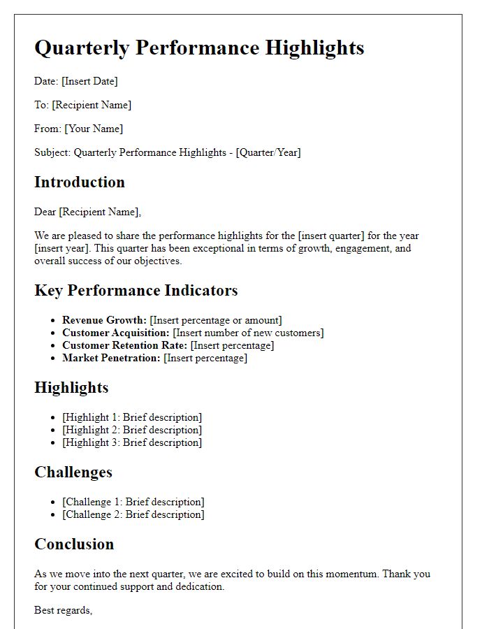 Letter template of quarterly performance highlights