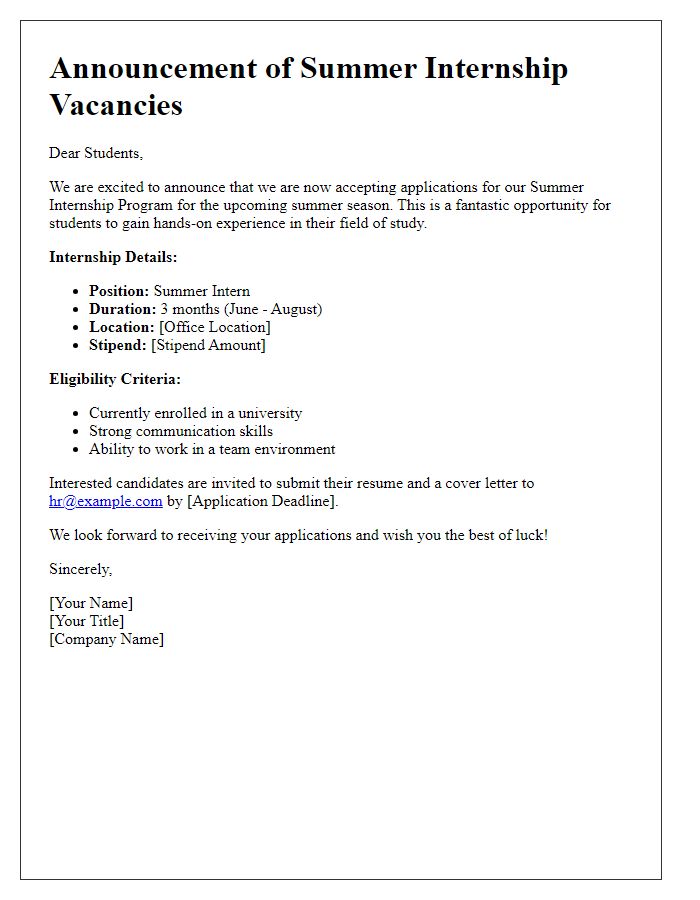 Letter template of Announcing Summer Internship Vacancies