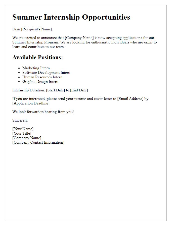 Letter template of Internship Positions Available for Summer