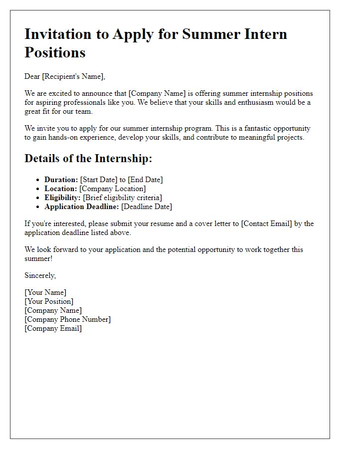 Letter template of Invitation to Apply for Summer Intern Positions