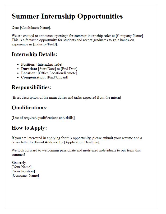 Letter template of Openings for Summer Internship Roles