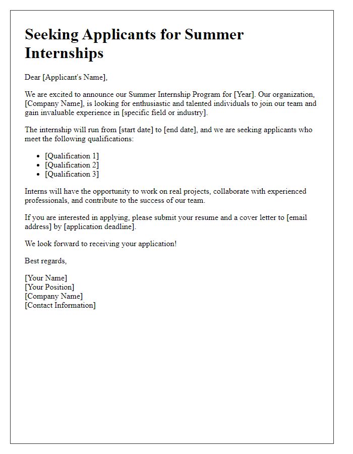 Letter template of Seeking Applicants for Summer Internships