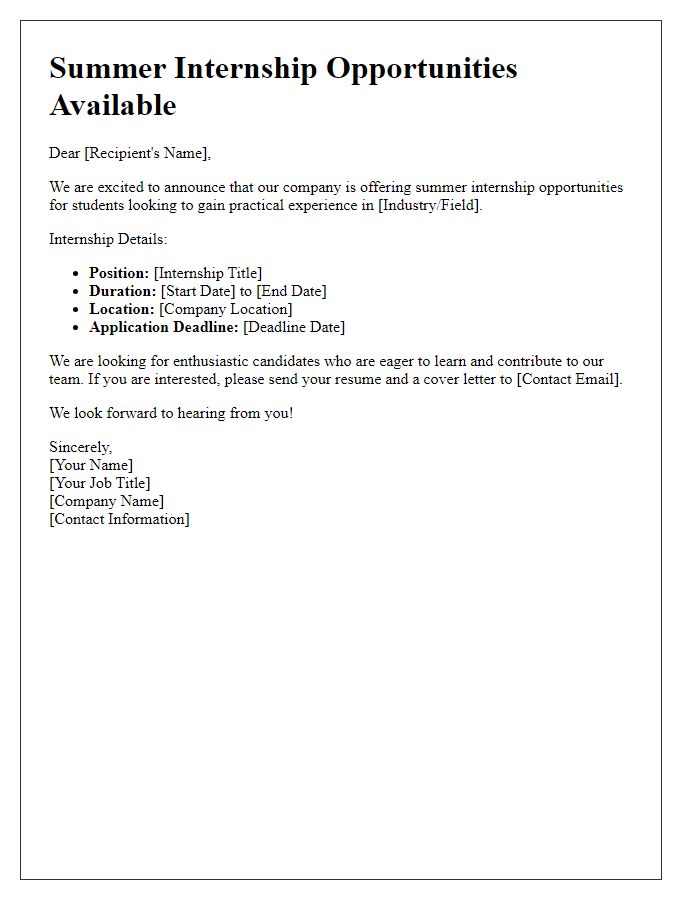 Letter template of Summer Internship Opportunities Available