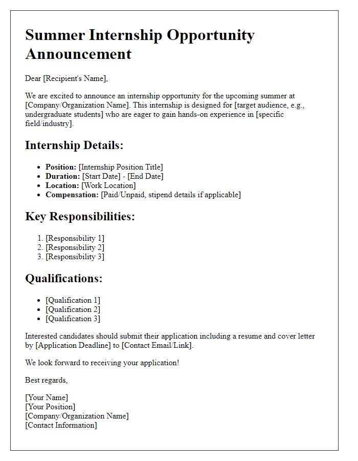 Letter template of Summer Internship Opportunity Announcement