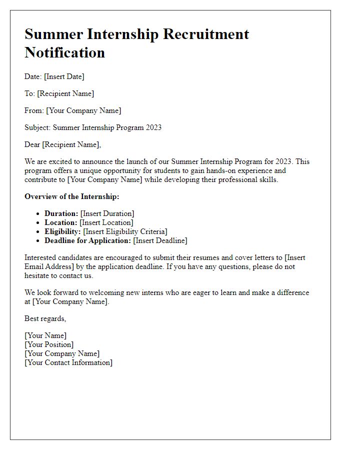 Letter template of Summer Internship Recruitment Notification