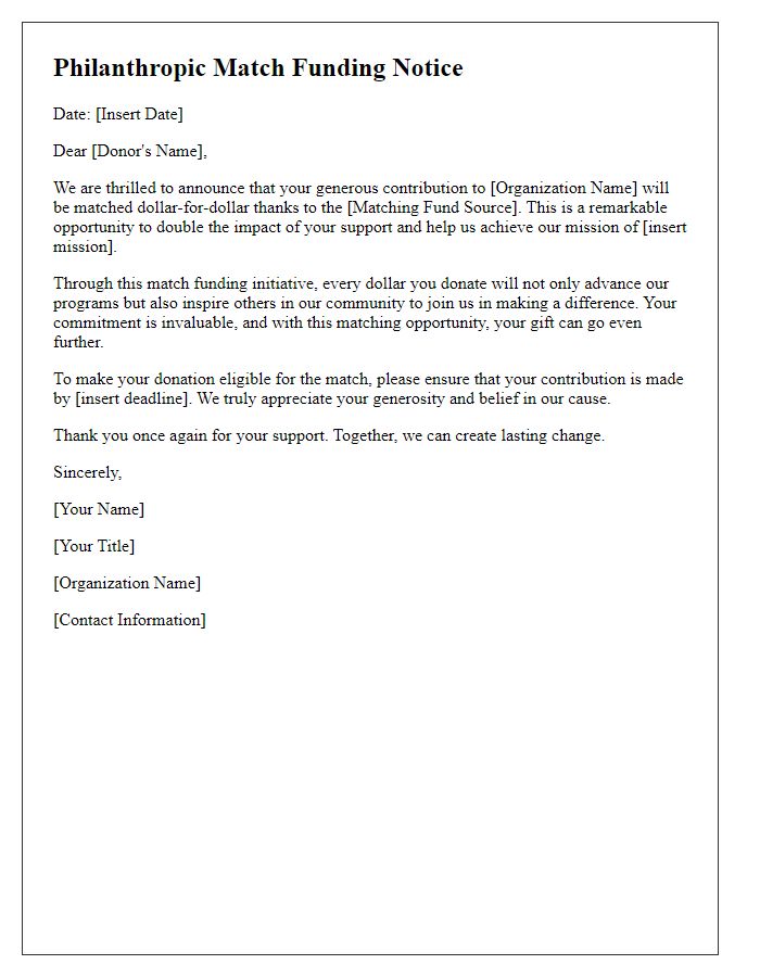 Letter template of philanthropic match funding notice