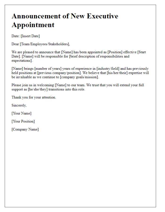 Letter template of announcing the appointment of a new executive member.