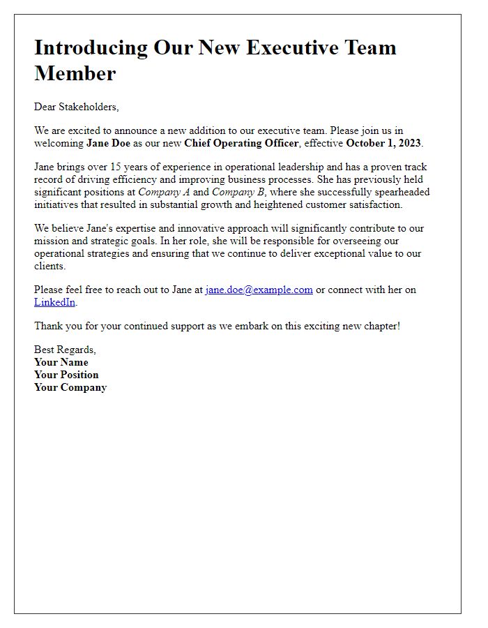 Letter template of introducing a new executive team member to stakeholders.