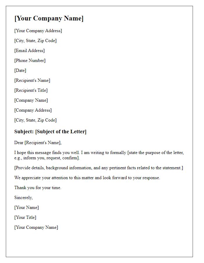 Letter template of business communication for formal statement