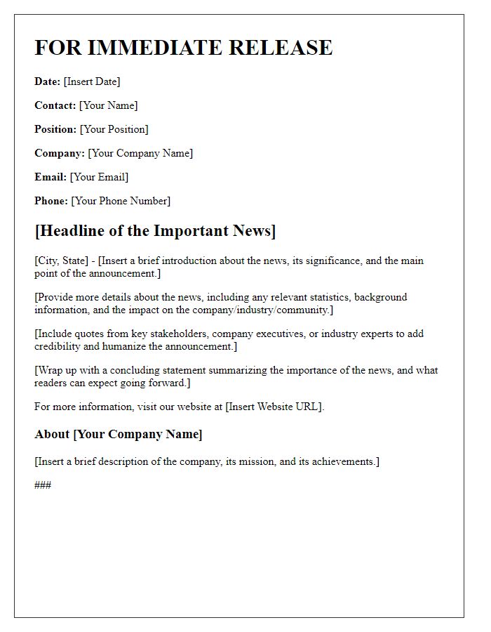 Letter template of business press announcement for important news