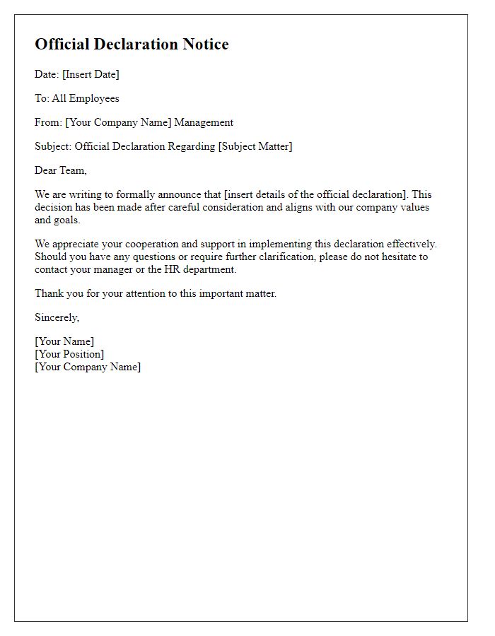 Letter template of company notice regarding official declaration