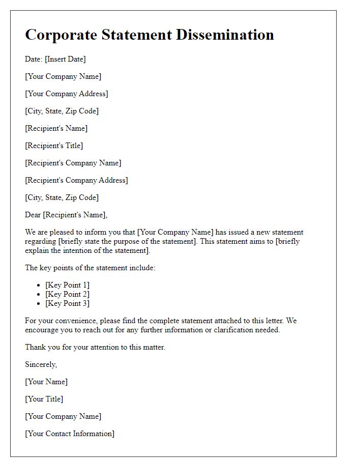 Letter template of corporate communication for statement dissemination