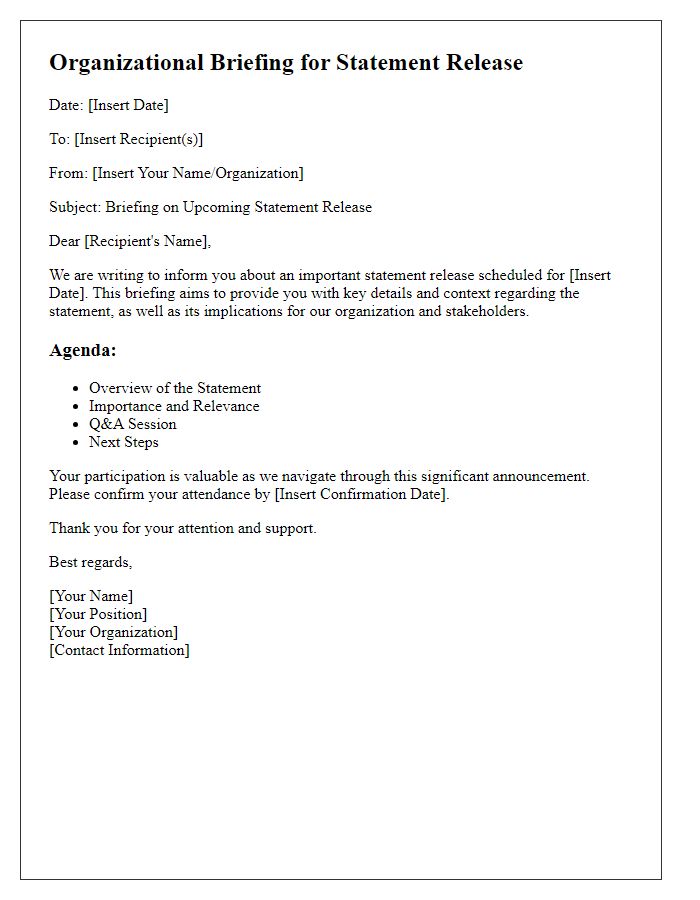 Letter template of organizational briefing for statement release