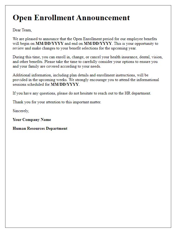 Letter template of open enrollment announcement for employees.