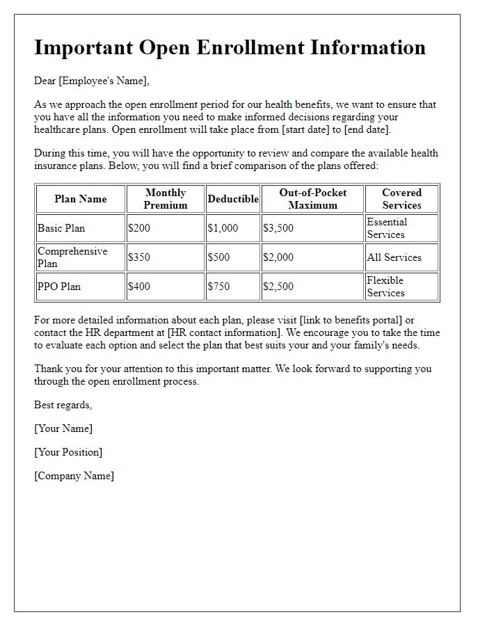 Letter template of open enrollment communication for plan comparisons.