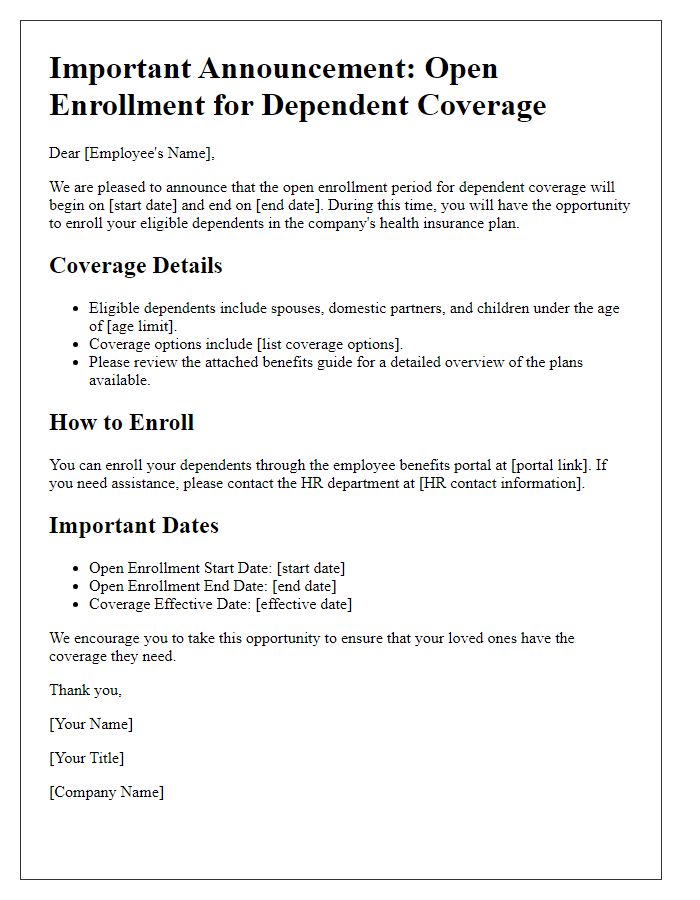 Letter template of open enrollment details for dependent coverage.