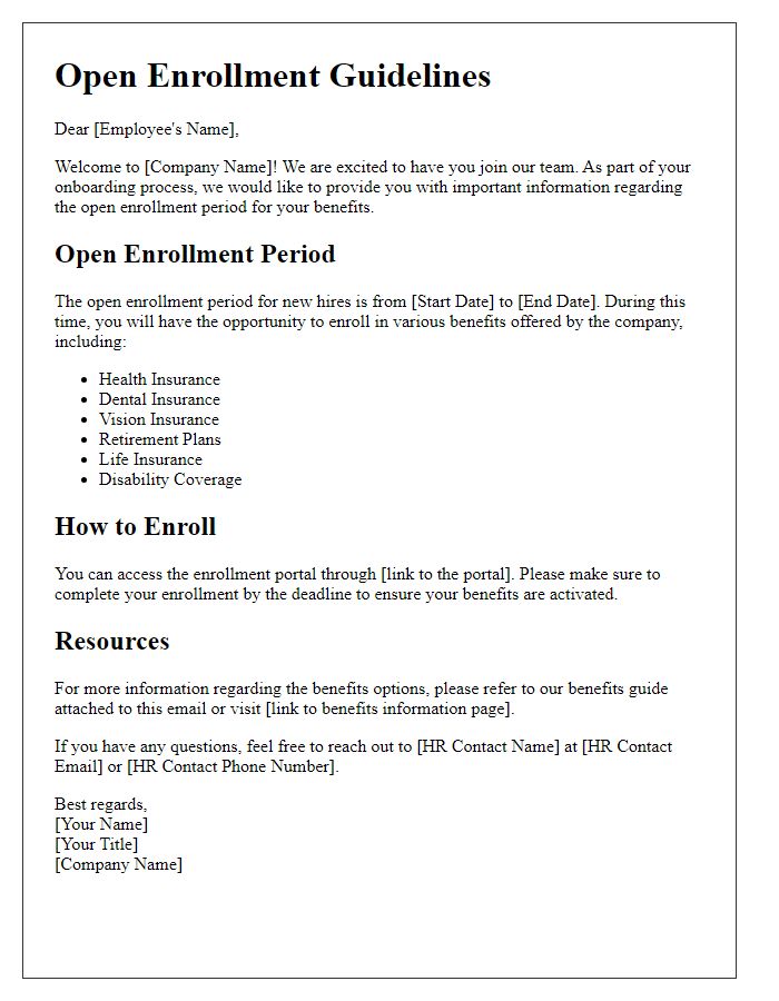 Letter template of open enrollment guidelines for new hires.