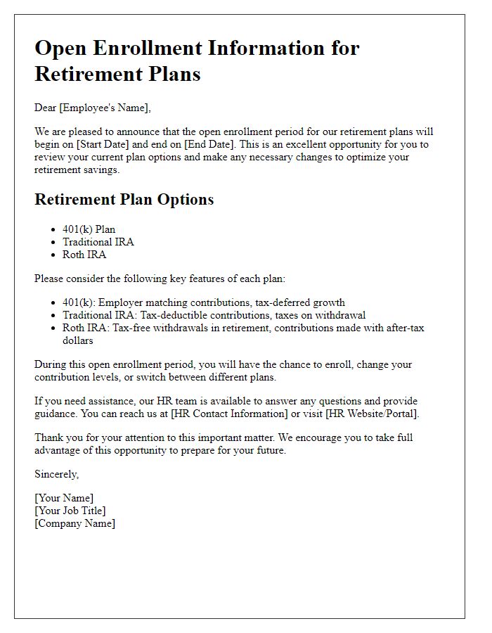 Letter template of open enrollment information for retirement plans.