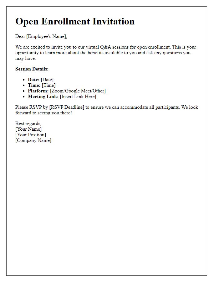 Letter template of open enrollment invitation for virtual Q&A sessions.