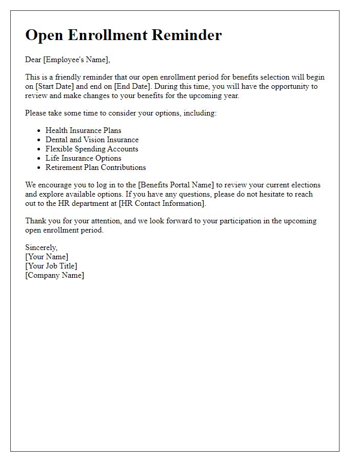 Letter template of open enrollment reminder for benefit selection.