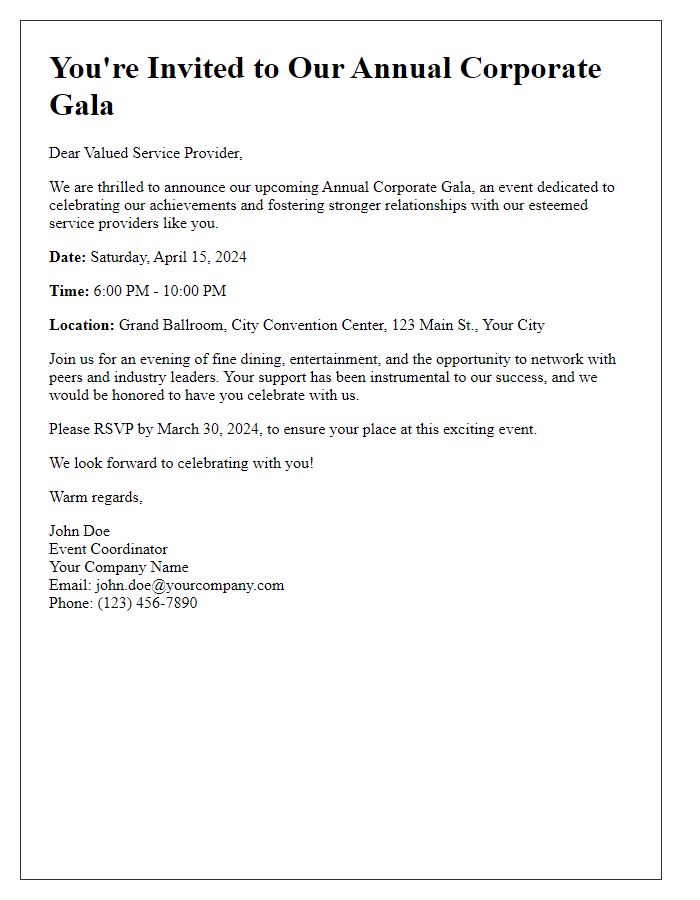 Letter template of corporate gala announcement for service providers