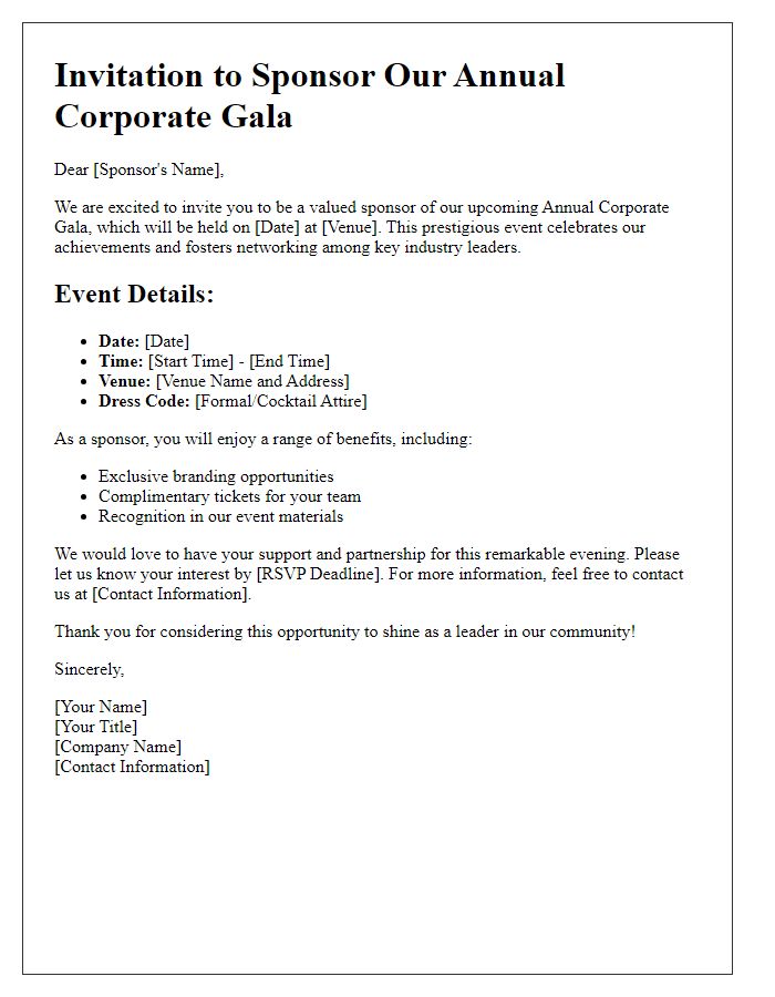 Letter template of corporate gala details for sponsors