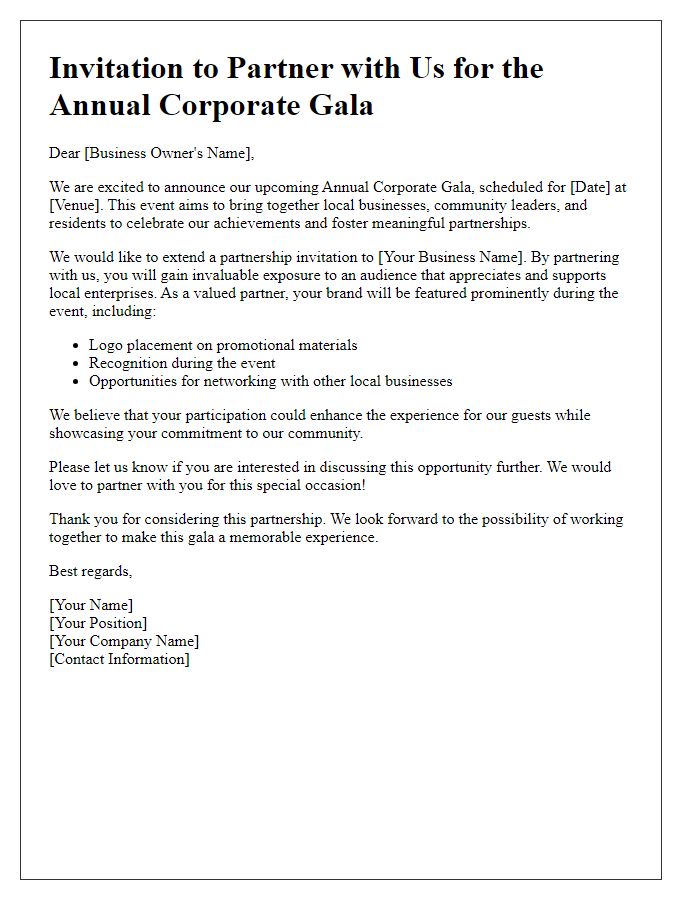 Letter template of corporate gala partnership invitation for local businesses