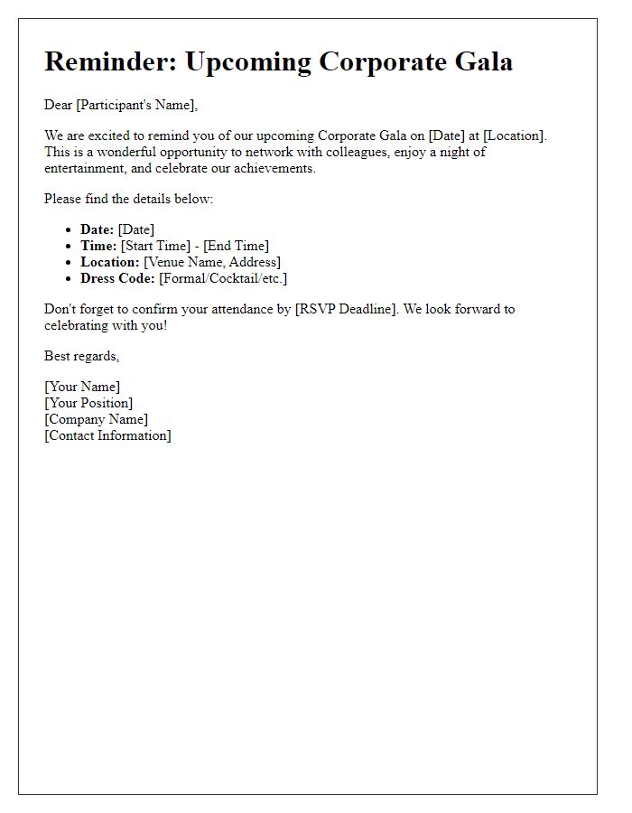 Letter template of corporate gala reminder for all participants