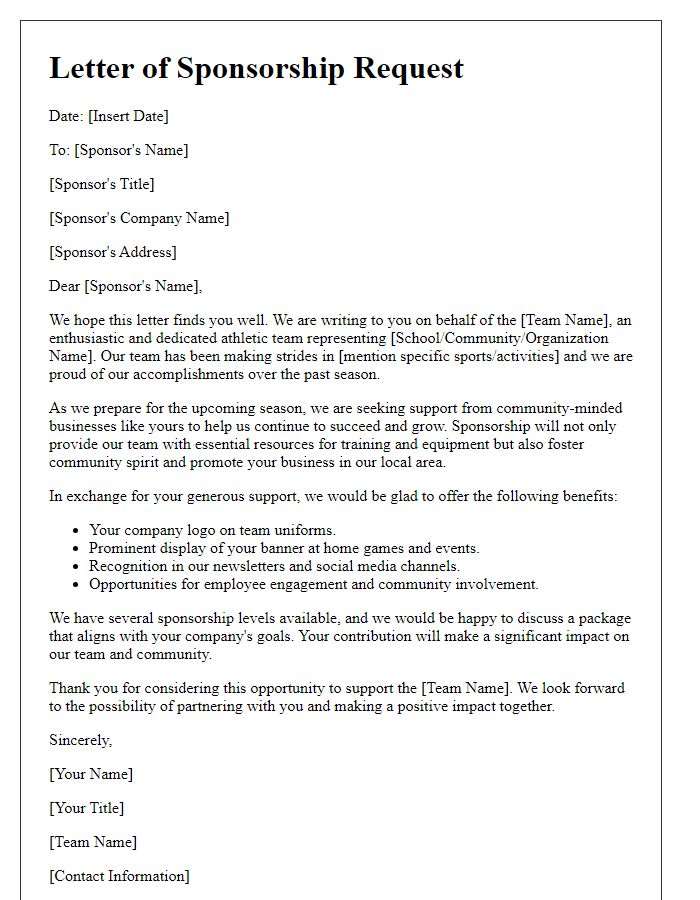 Letter template of Athletic Team Sponsorship