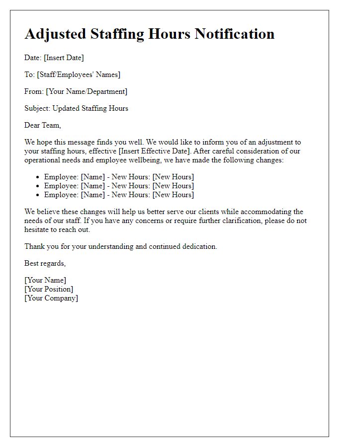 Letter template of adjusted staffing hours communication