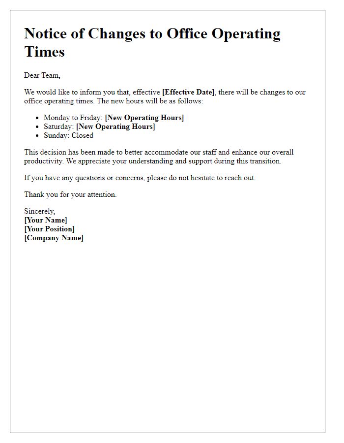 Letter template of changes to office operating times