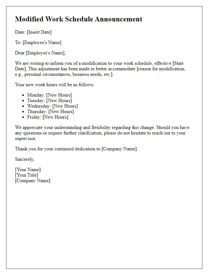 Letter template of modified work schedule announcement