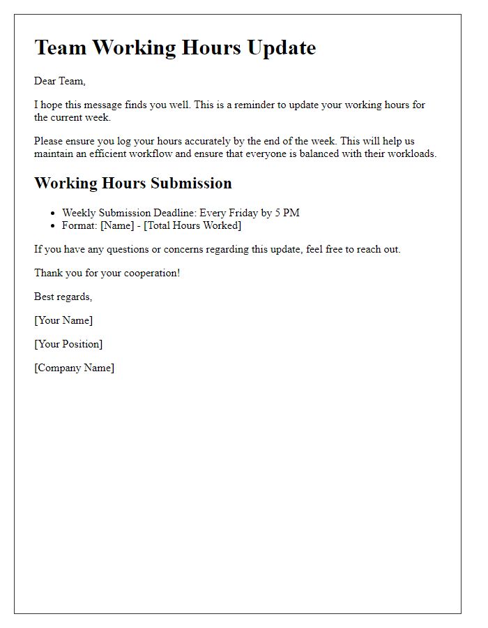 Letter template of team working hours update