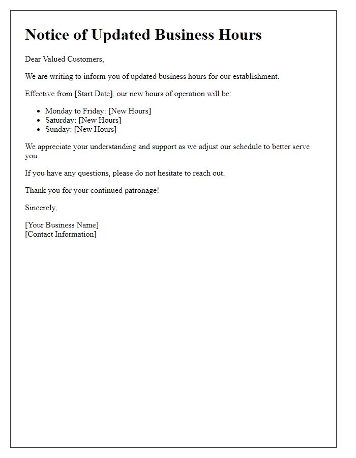 Letter template of updated business hours notification