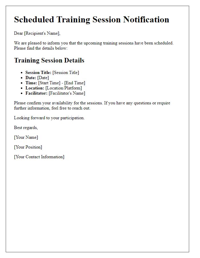 Letter template of communication for the scheduled training sessions.