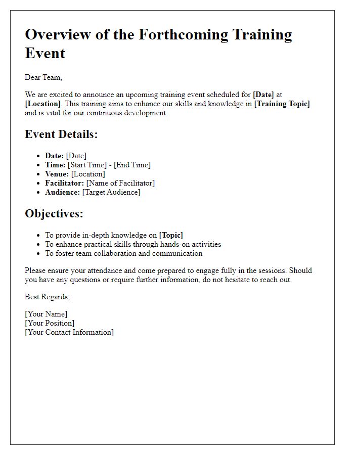 Letter template of overview for the forthcoming training event.