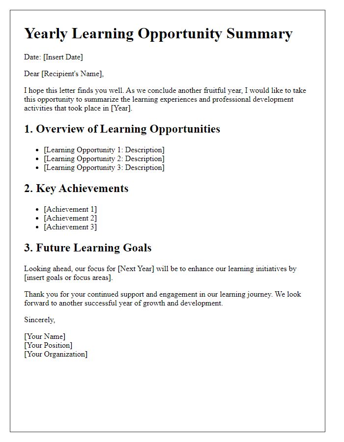 Letter template of summary for the yearly learning opportunity.