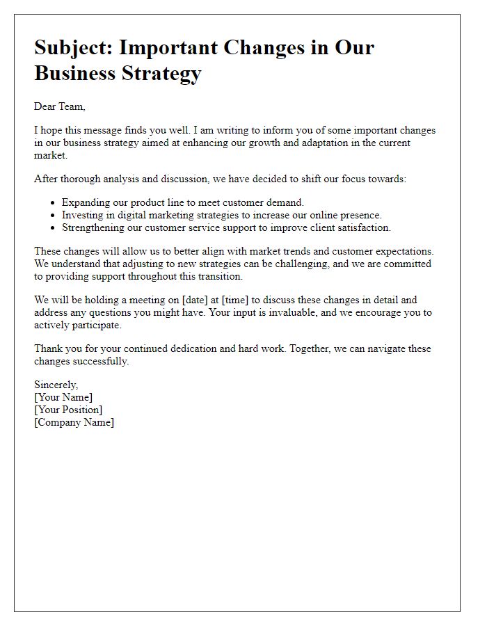 Letter template of changes in business strategy communication