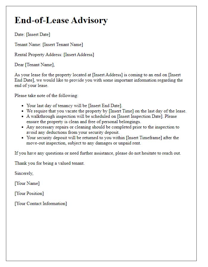 Letter template of end-of-lease advisory to renters.