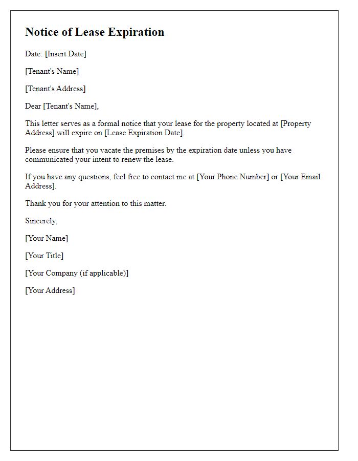 Letter template of notice for lease expiration.