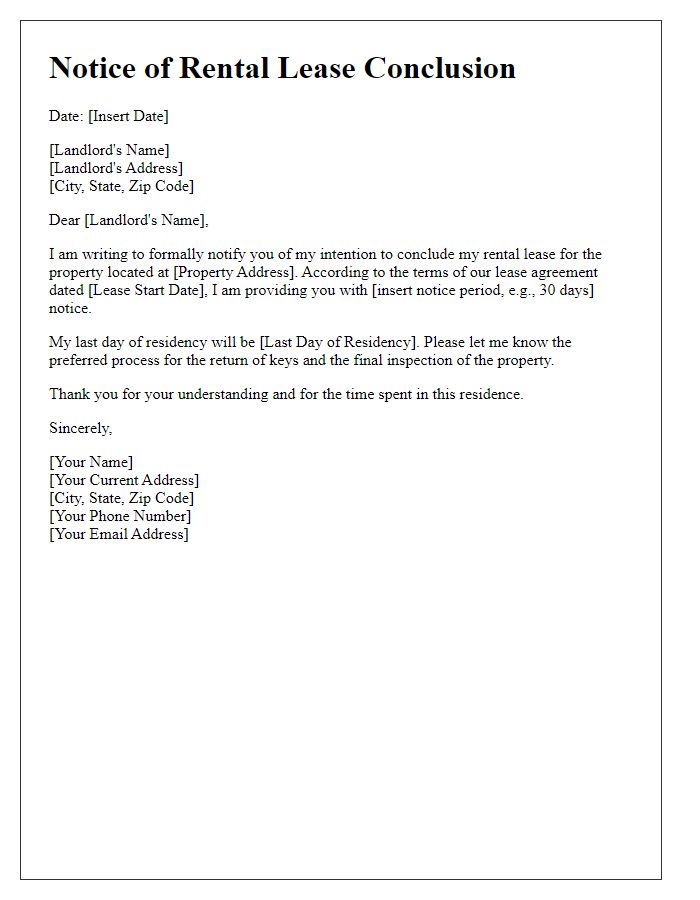 Letter template of notice for rental lease conclusion.