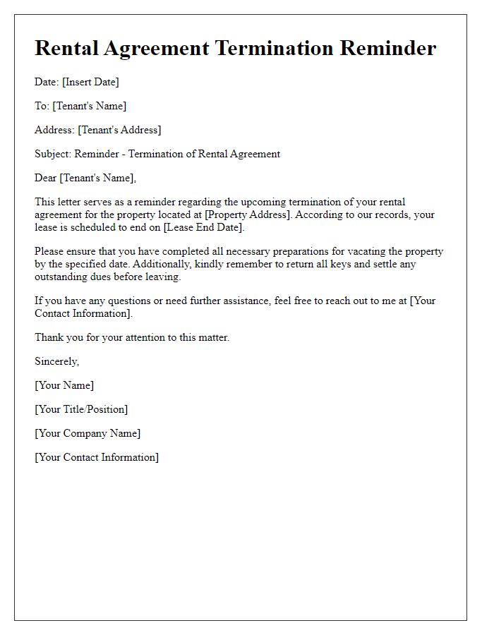 Letter template of rental agreement termination reminder.