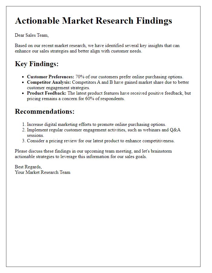 Letter template of actionable market research findings for sales teams