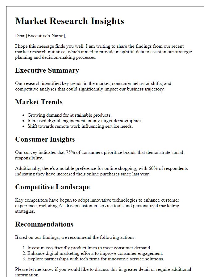 Letter template of detailed market research insights for executives