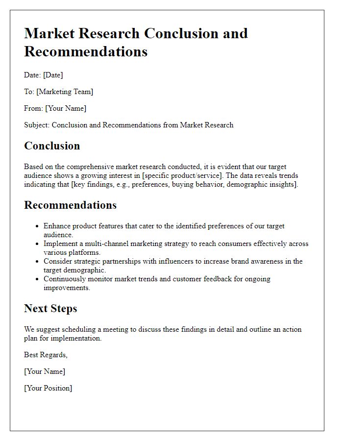 Letter template of market research conclusion and recommendations for marketing teams