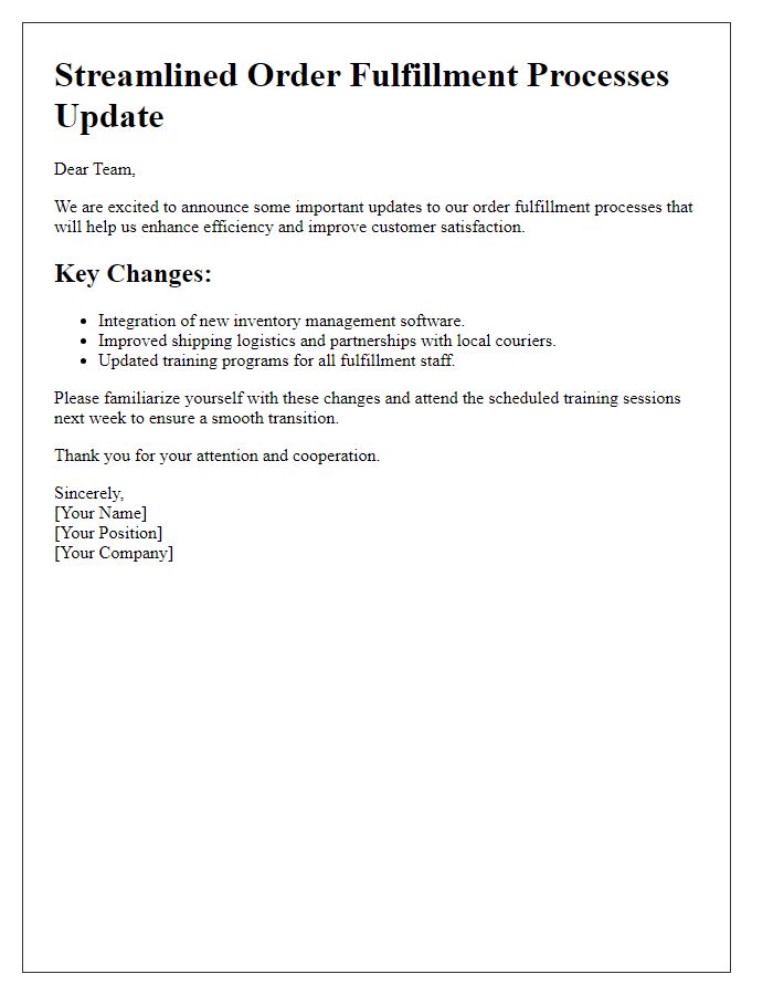 Letter template of Streamlined Order Fulfillment Processes Update