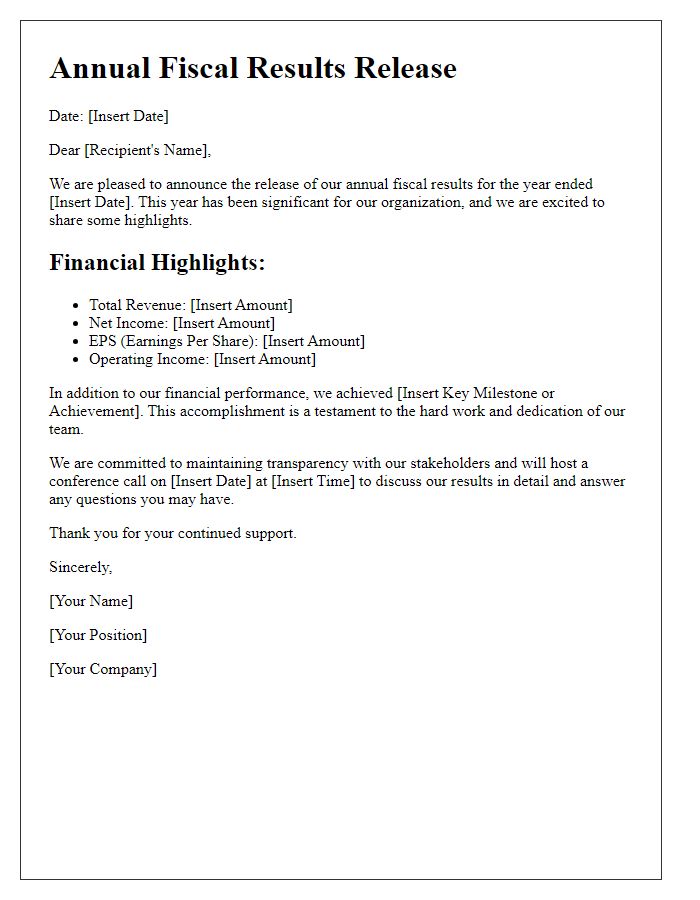 Letter template of annual fiscal results release