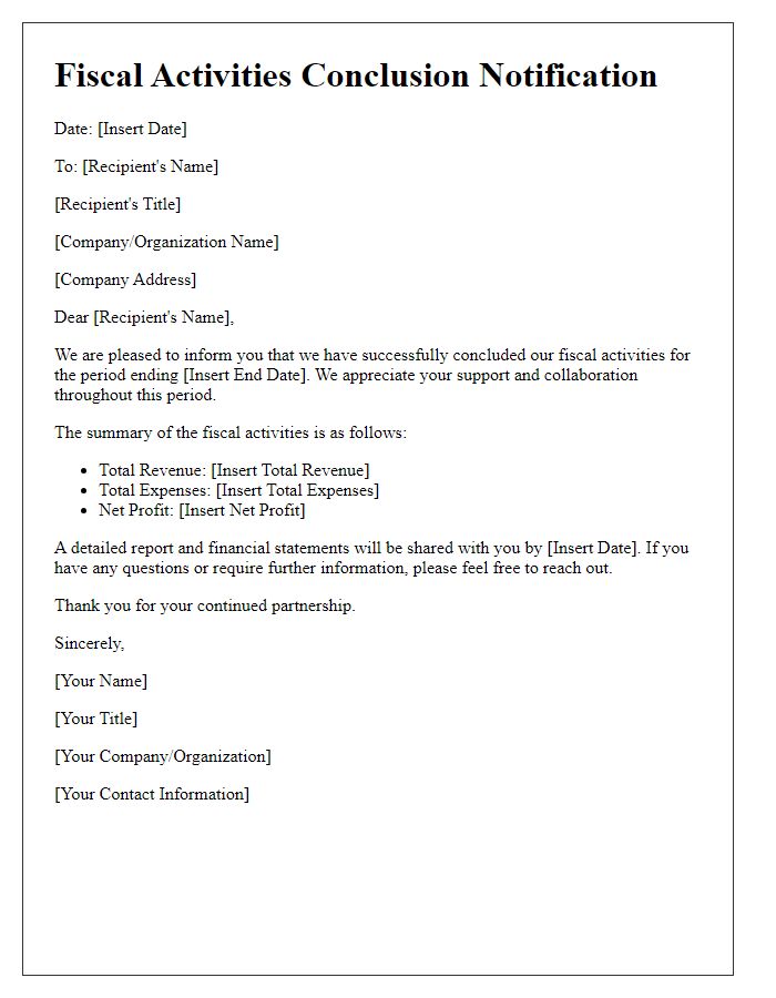 Letter template of conclusion of fiscal activities notification