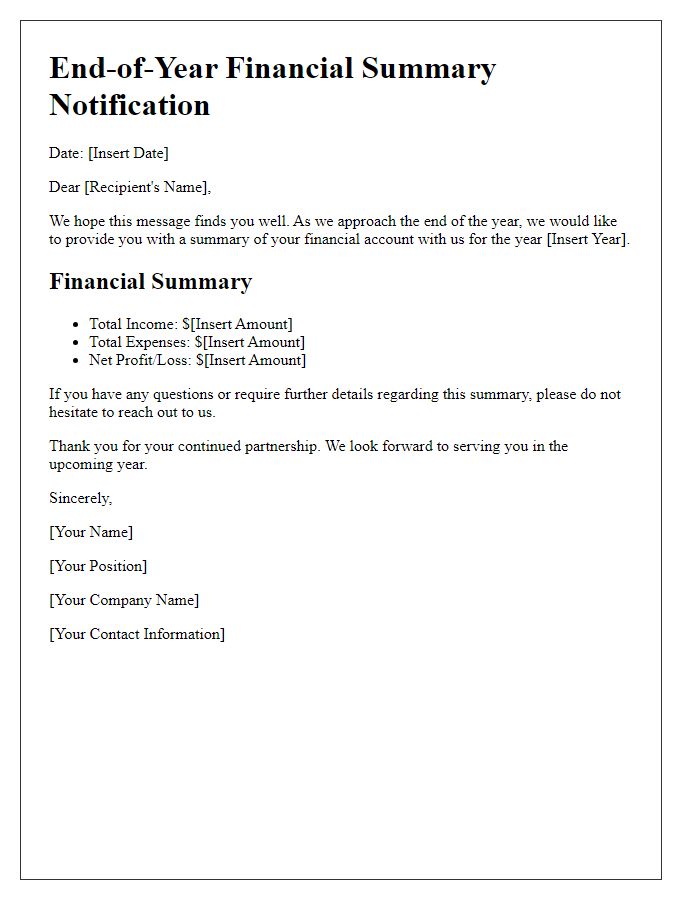 Letter template of end-of-year financial summary notification