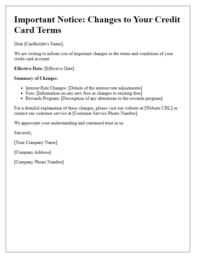 Letter template of changes to credit card terms notification.